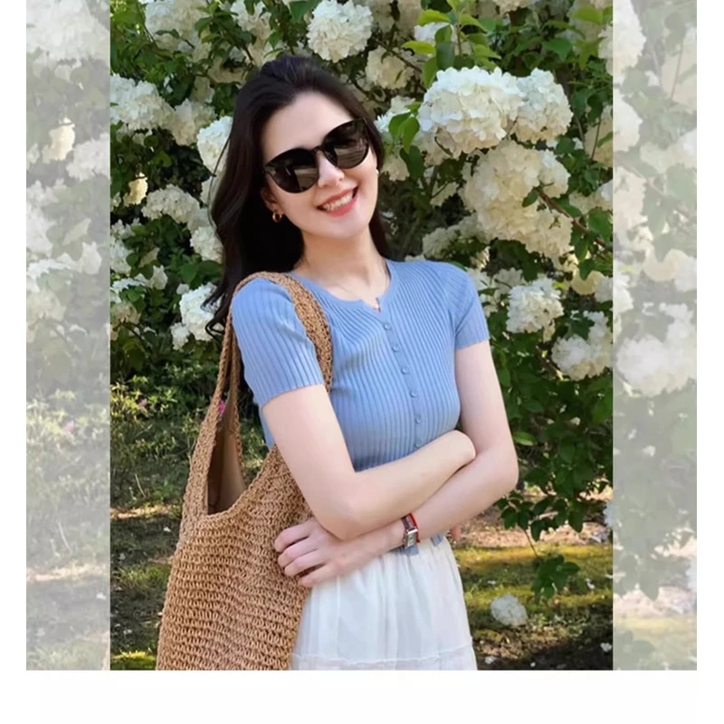 夏季洋气冰丝针织开衫正肩短袖t恤女小个子短款上衣独特漂亮小衫