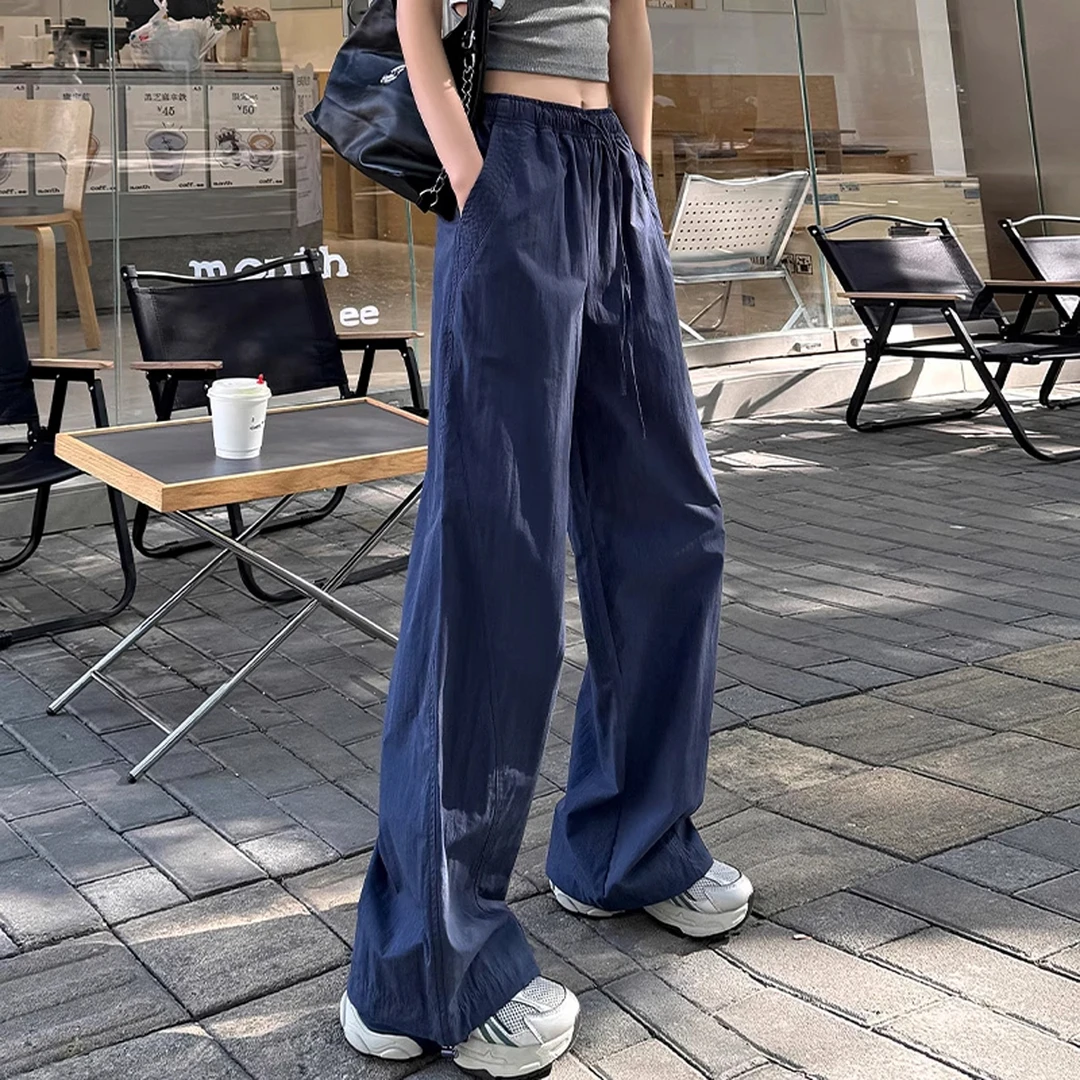 大码速干工装阔腿裤女胖mm夏季薄款高腰直筒垂坠加长拖地呼吸裤子