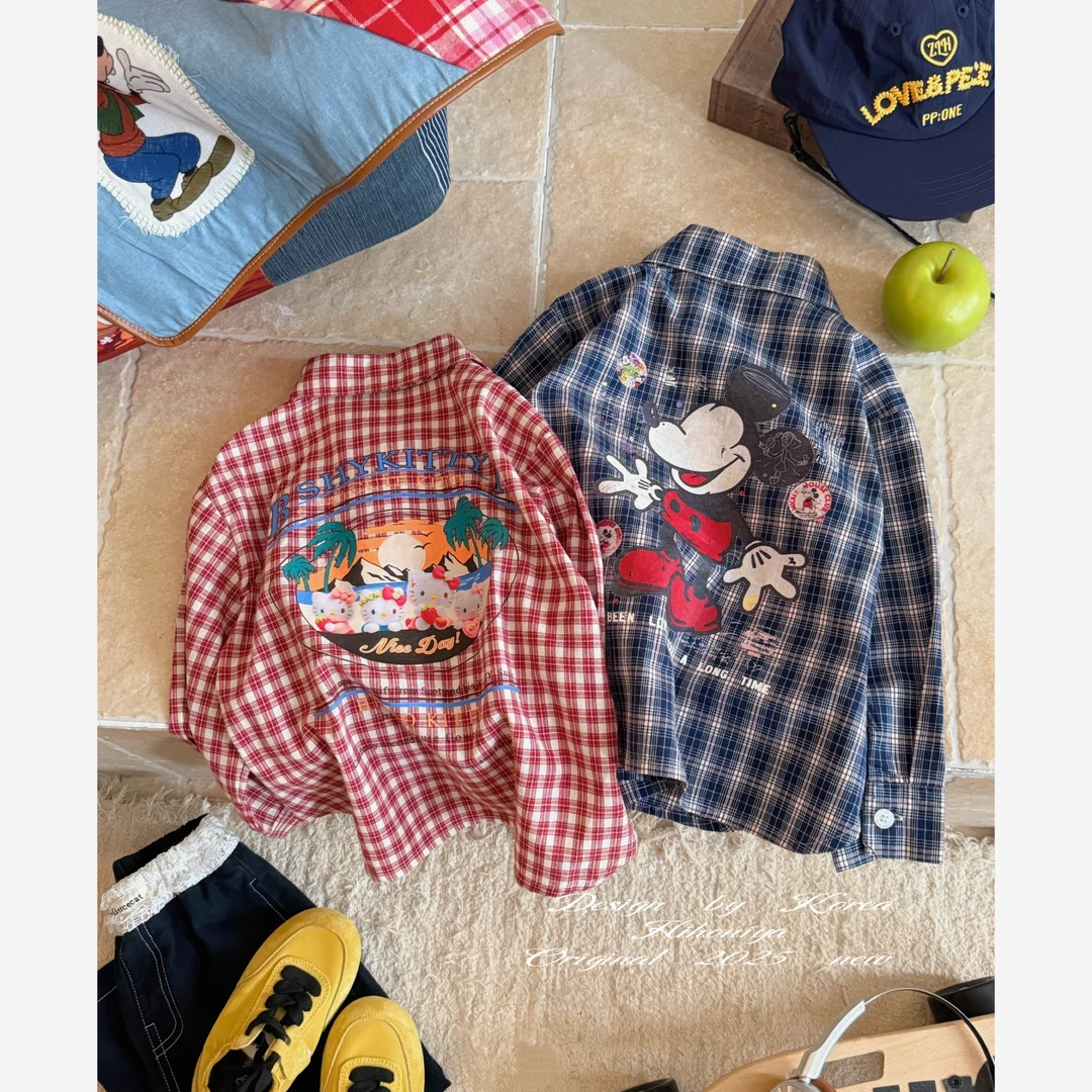 【凯蒂和米奇】三Hihoniya~2025秋季亲子米奇格子度假男女同款衬衫