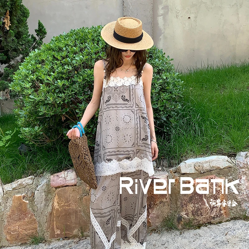 河岸家设计师AndAnything佩斯利纹吊带印花米色蕾丝裙25夏