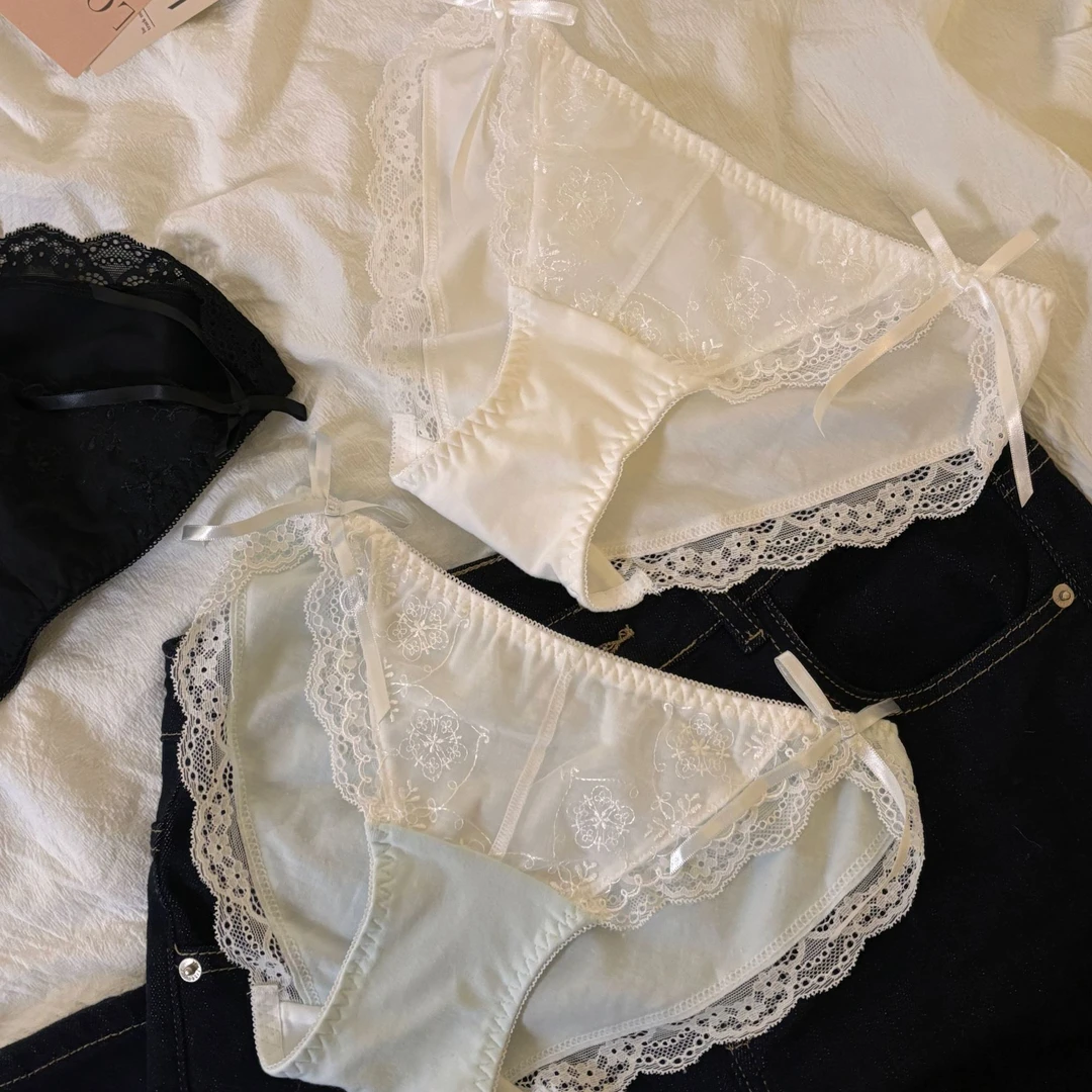 槿蔓日系纯欲蕾丝蝴蝶结女士内裤少女花边低腰透气三角裤小清新