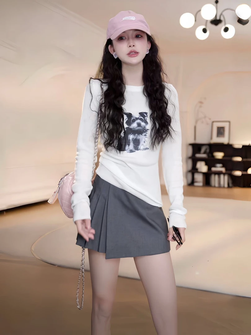 2025早春穿搭一整套女装时尚减龄长袖T恤+裙裤两件套洋气韩版显瘦