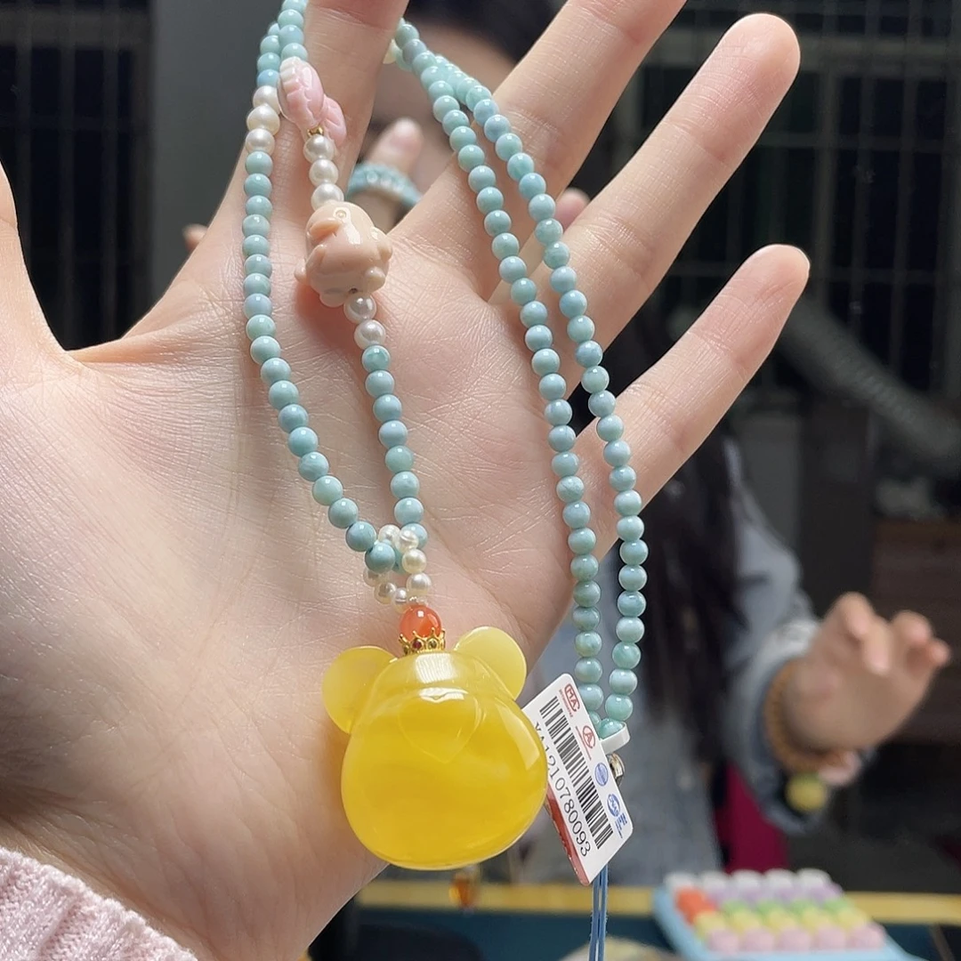 蜜蜡银S925镶嵌裸石小熊吊坠