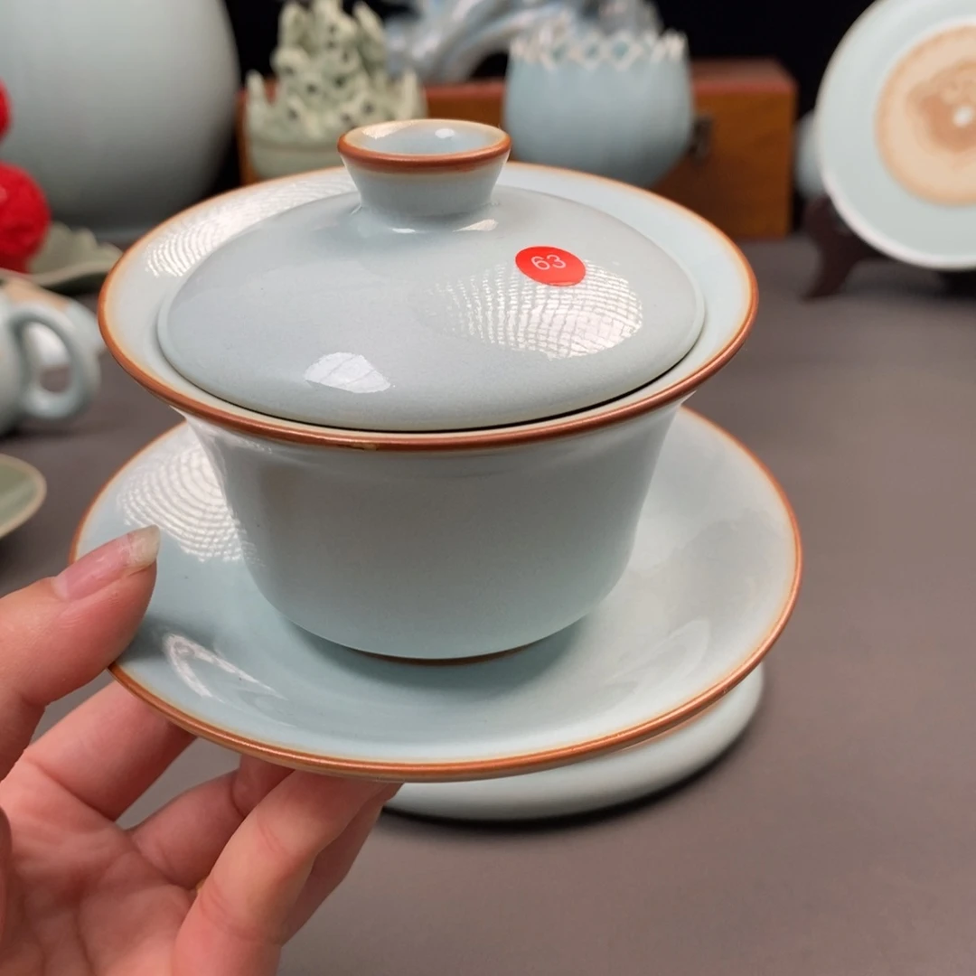 瓷片天青马蹄盖碗微微瑕简包装63号