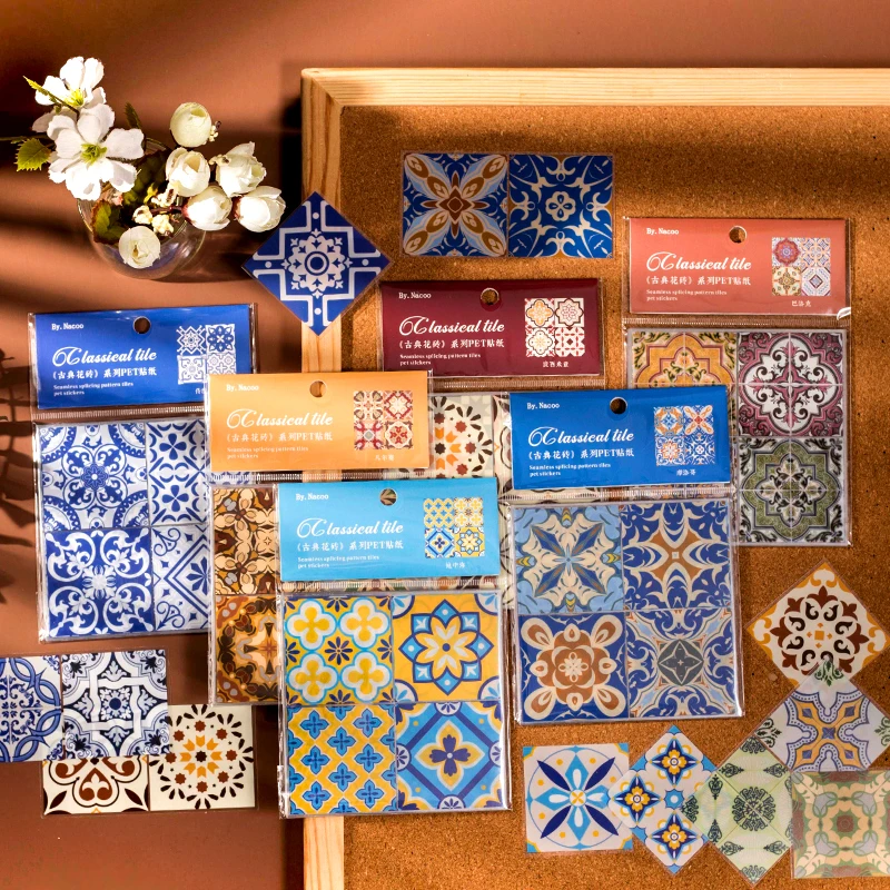 复古花砖贴纸青花手帐装饰古典花纹瓷砖木柜家居装饰防水贴画