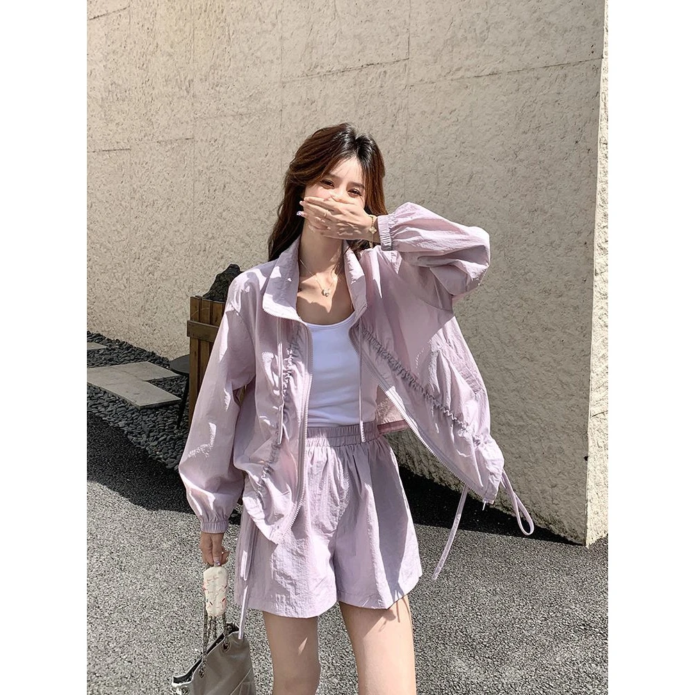 霞光紫韩版时尚休闲风防晒上衣套装女夏季2025新款阔腿短裤两件套