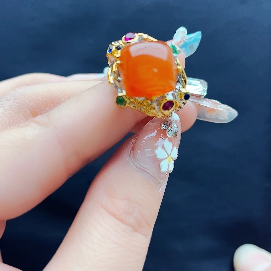 南红玛瑙戒指银S925镶嵌天然