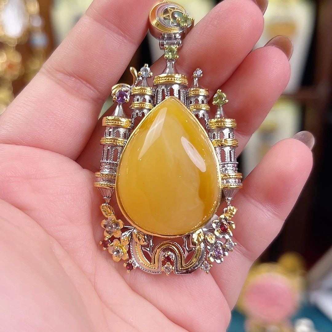 琥珀银S925镶嵌颈饰国风