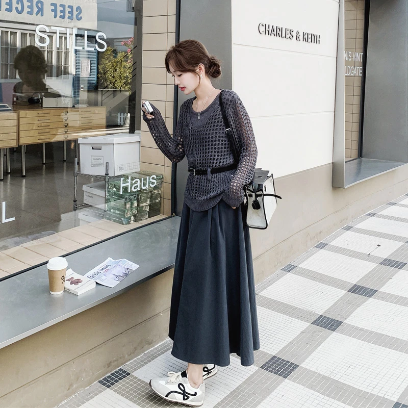 清冷韩系风针织镂空套装裙2025春秋新款复古松弛感显瘦灰色两件套
