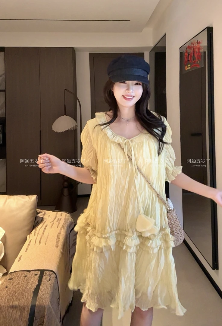 2025夏季新品法式复古压褶重工莱赛尔天丝度假风短袖荷叶边连衣裙