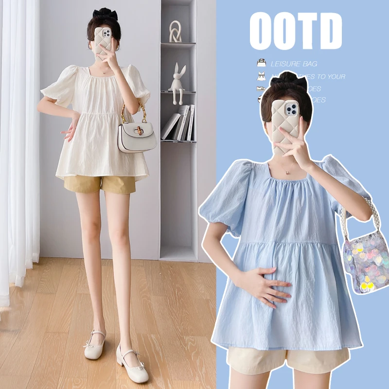 【优质款】 简约孕妇装夏季韩版甜美宽松减龄方领泡泡袖娃娃衫上衣