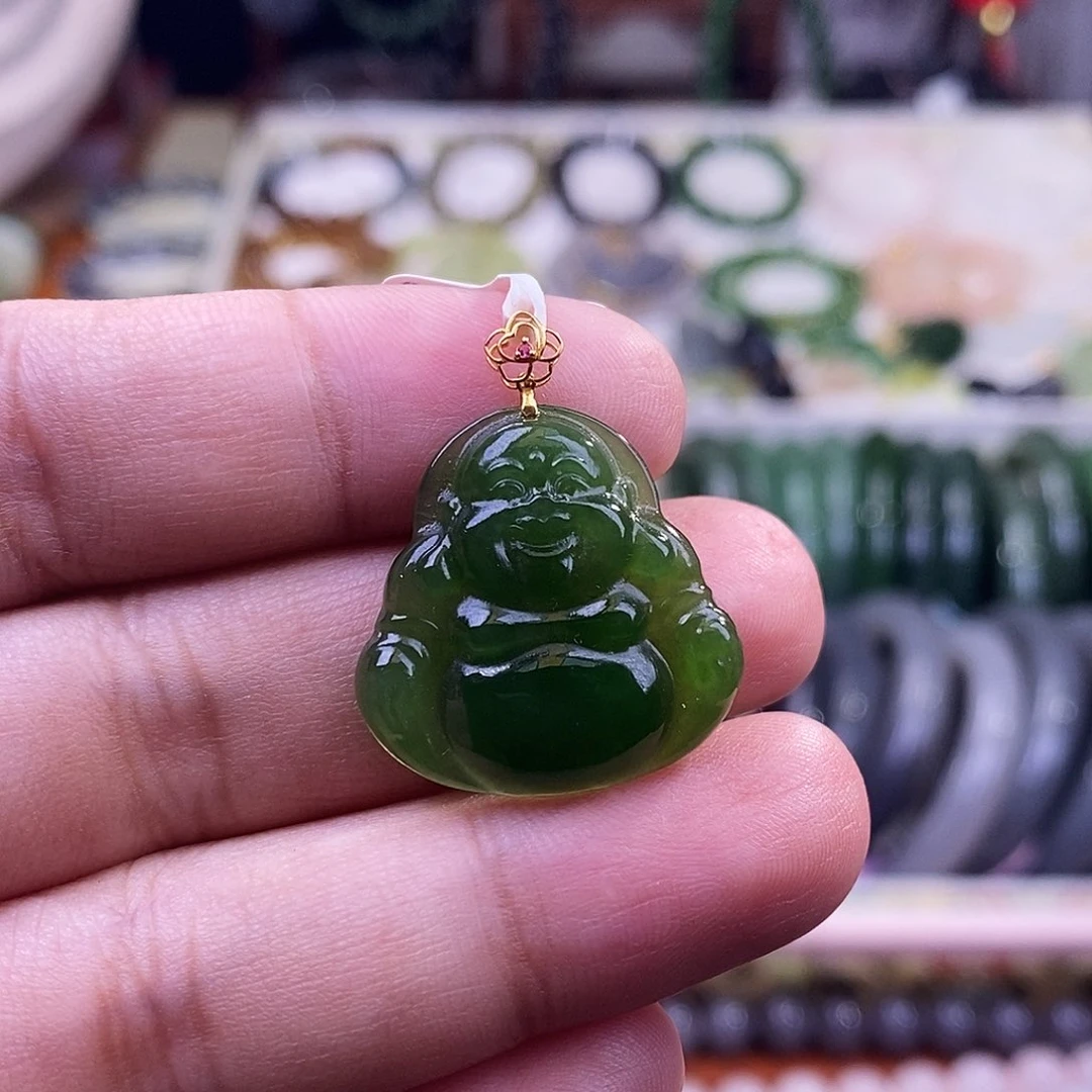 颈饰未镶嵌和田玉精品碧玉俄料冰底老料辣绿金镶佛公