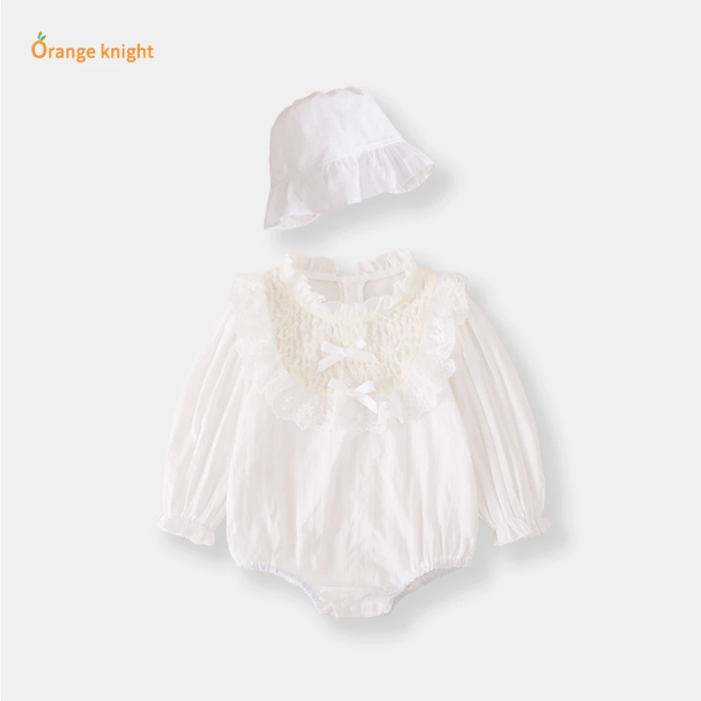 春秋薄款装婴儿双重蝴蝶结白色花边领包屁衣女宝宝三角爬服连体衣