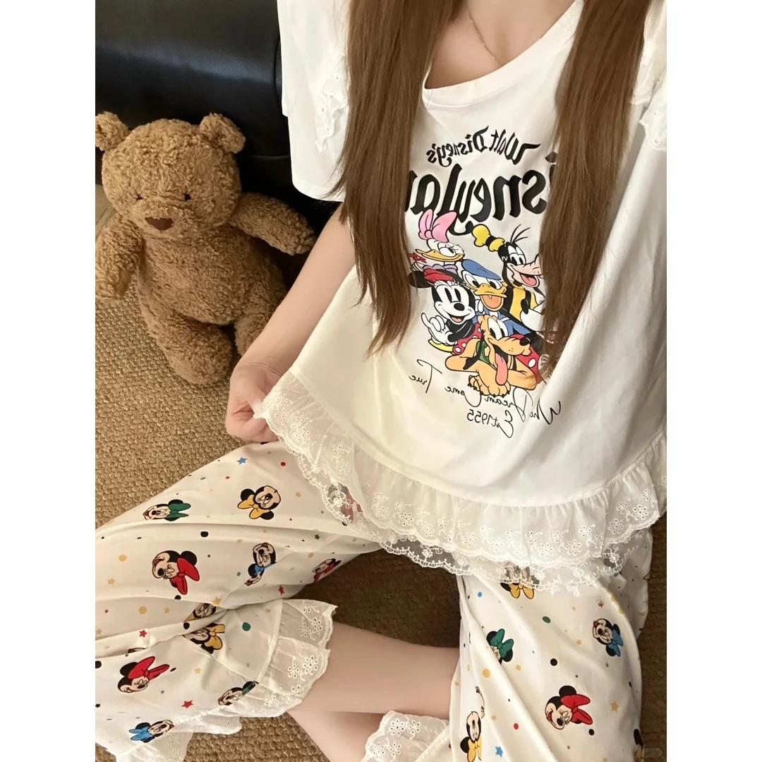 【甜美少女风】卡通米奇短袖睡衣女夏季新款长裤套装大码显瘦家居服