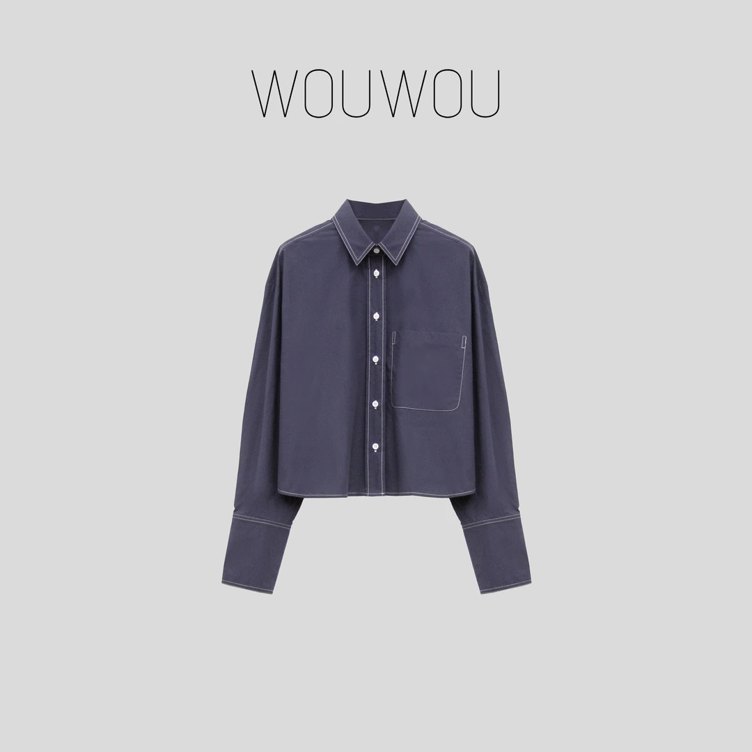 【WOUWOU】翻领明线长袖衬衫上衣