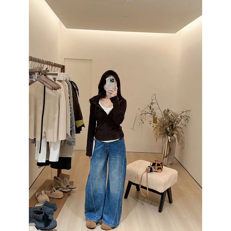 秋冬新款时尚洋气百搭女装休闲通勤连帽外套高腰气质阔腿裤套装