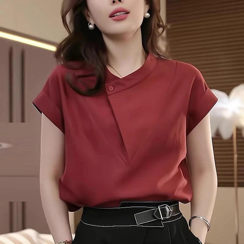 港风复古红色短袖衬衫2025夏季新款女士时尚不规则设计感简约上衣