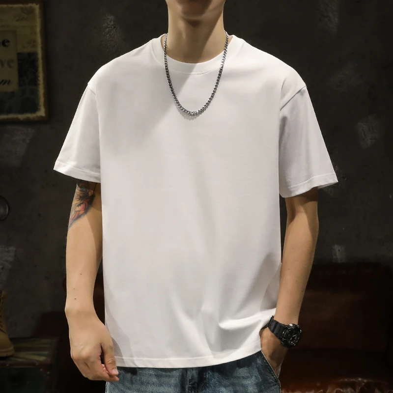 260g纯棉休闲白色百搭夏季法式半袖七号t恤宽松工装纯色圆领