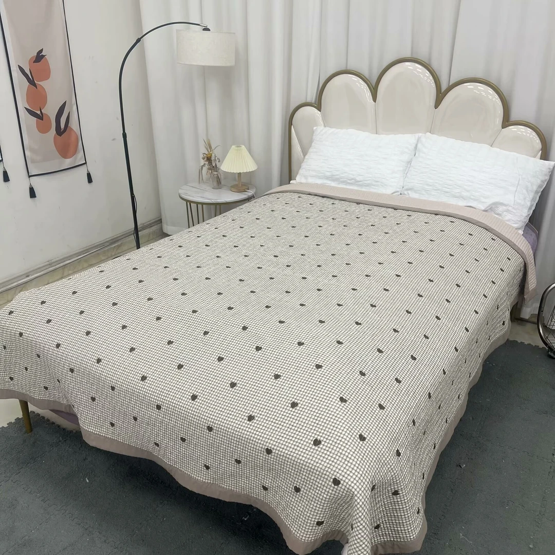 【咖色格子爱心】230*250秋冬四季多功能加厚床盖