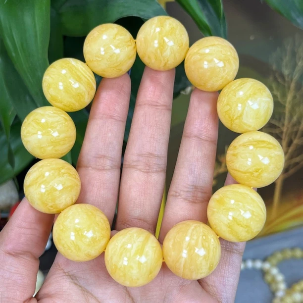 焦皮料圆珠奶橘浓蜡妖花虎皮纹精工同料手串单圈纯天然琥珀蜜蜡