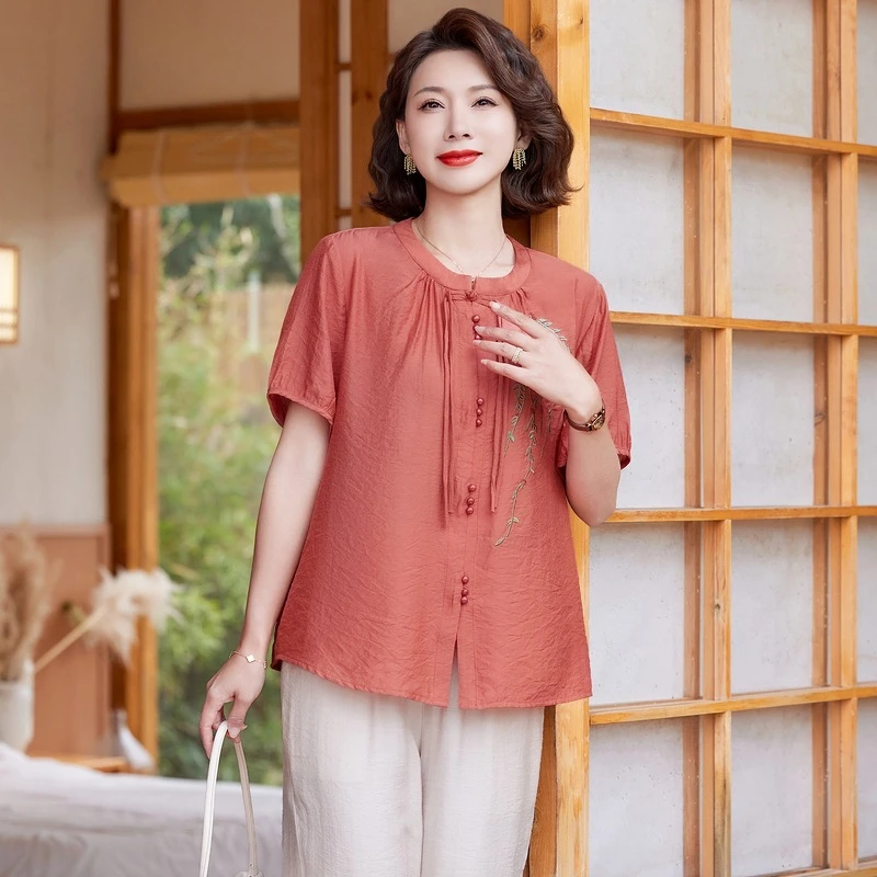 夏季时尚国风妈妈装套装新款圆领绣花新中式休闲款女装两件套