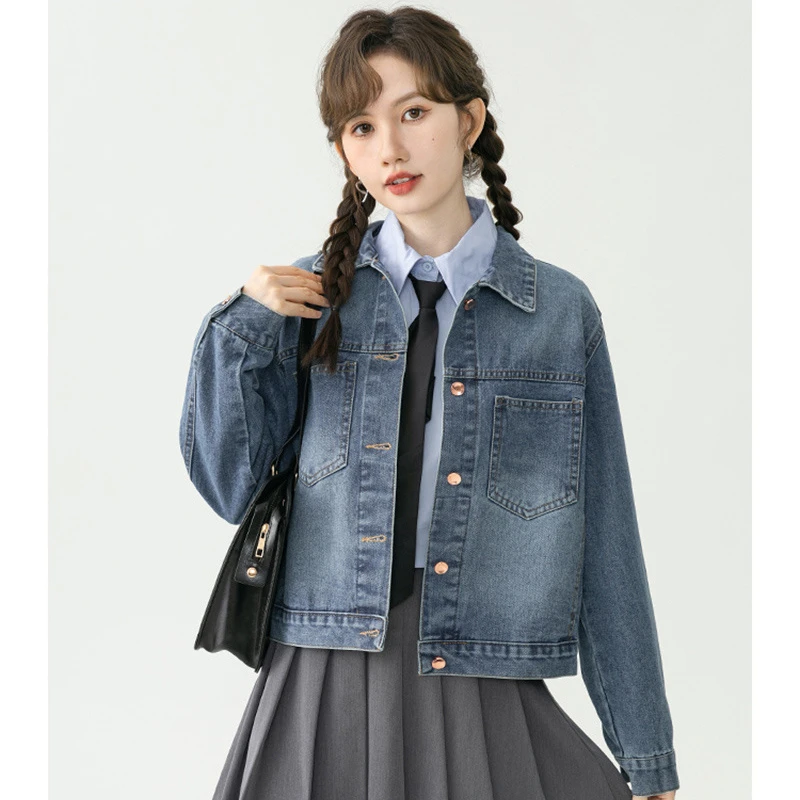 蓝色短款牛仔外套女春秋新款美式复古小个子薄款宽松开衫夹克上衣