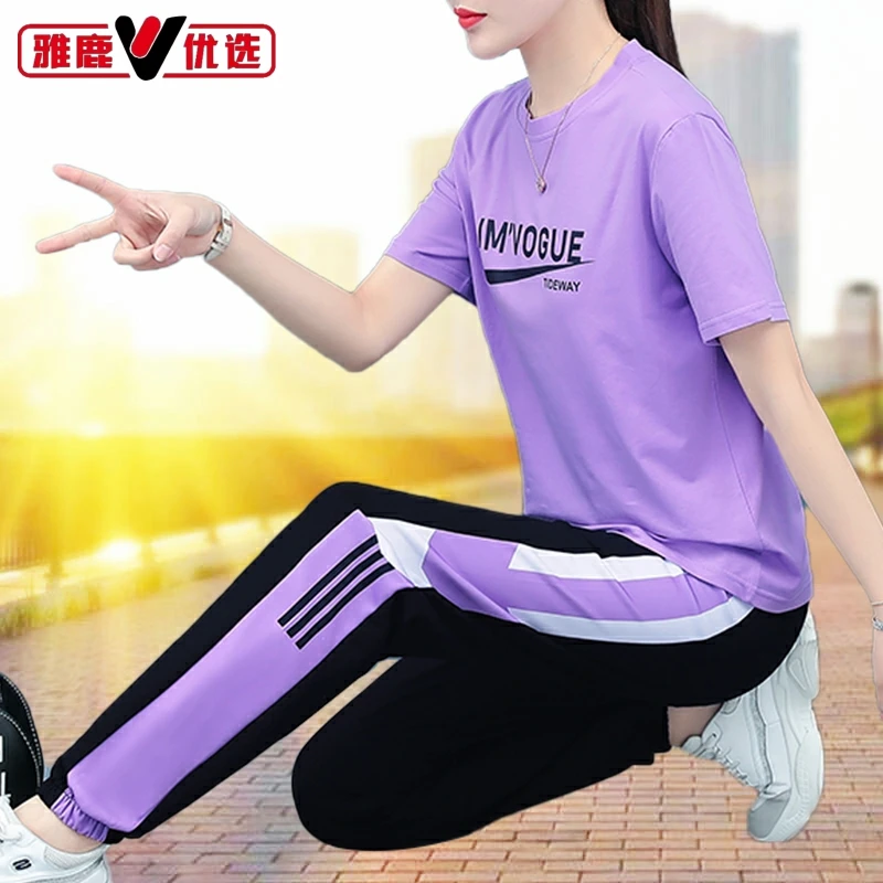 雅鹿优选休闲圆领短袖直筒裤两件套女2025夏季新款减龄运动服套装