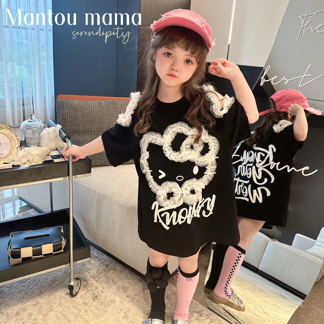 【Mantoumama】【新款】卡通蕾丝KT裙精致珍珠夏季女童高级韩版连衣裙