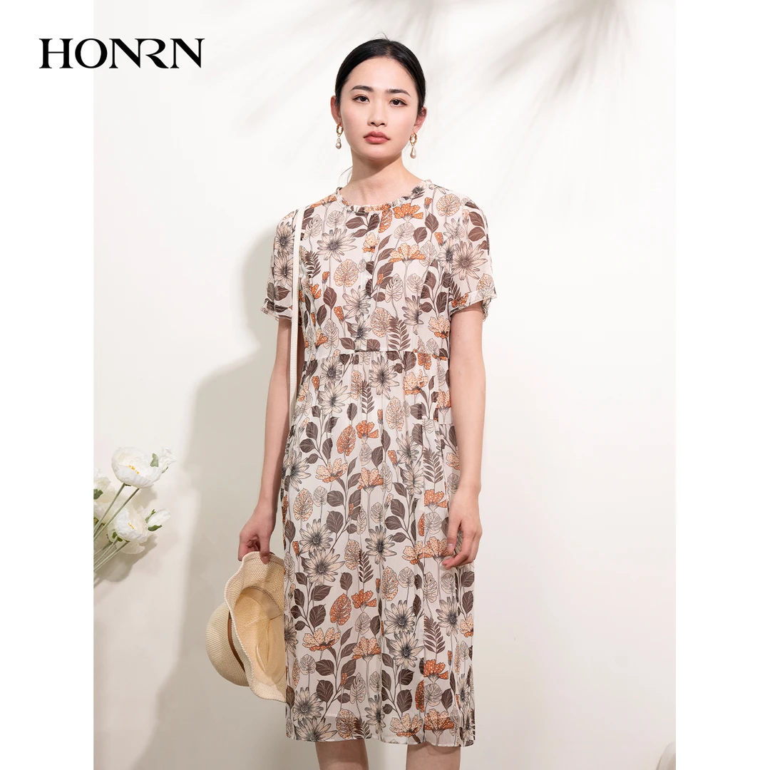 HONRN/红人印花圆领收腰显瘦短袖新款连衣裙女夏HI22OL430