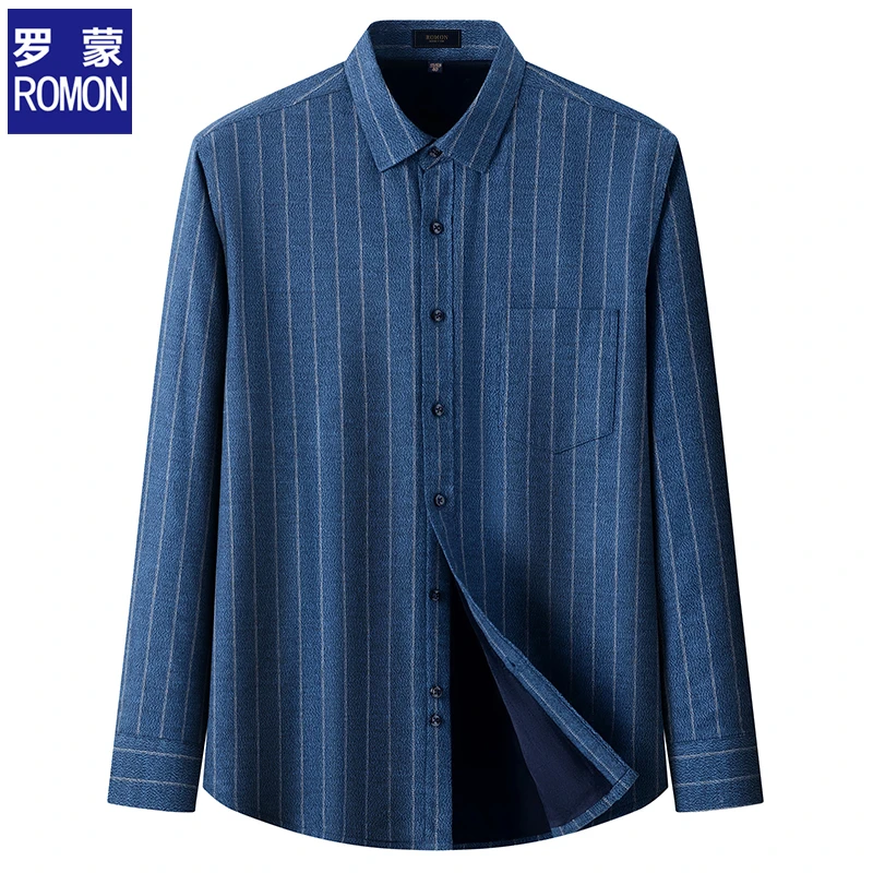 罗蒙加绒加厚秋冬保暖长袖条纹衬衫商务休闲全棉亲肤抗皱大码衬衣