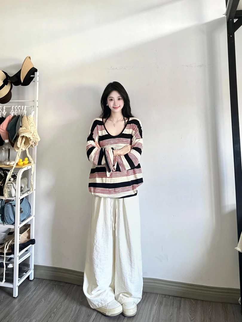 韩版宽松休闲复古长袖t恤女早秋新款撞色条纹薄款小个子防晒上衣