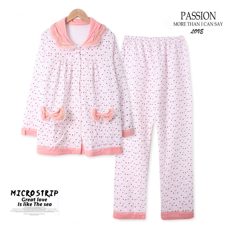 HH977 秋冬季女士家居服套装长袖长裤娃娃领松紧腰 舒适亲肤