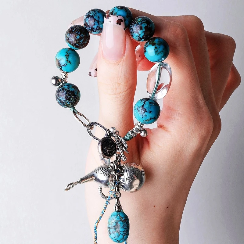 925银手链 S10680  立体葫芦白水水蓝色圆珠OT扣手链