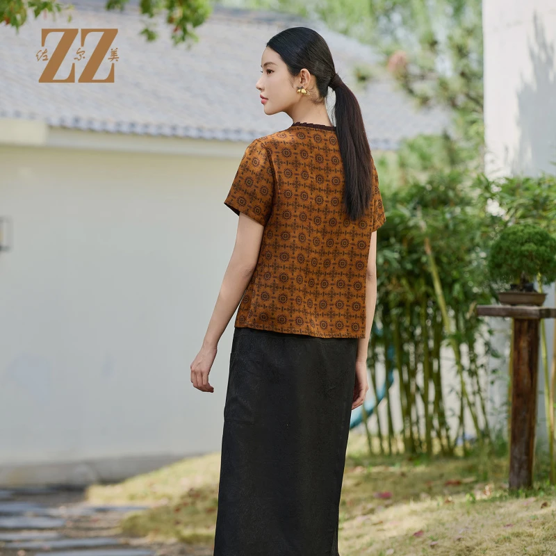 佐尔美夏季新款新中式国风100%桑蚕丝休闲短袖上衣女M52CS04
