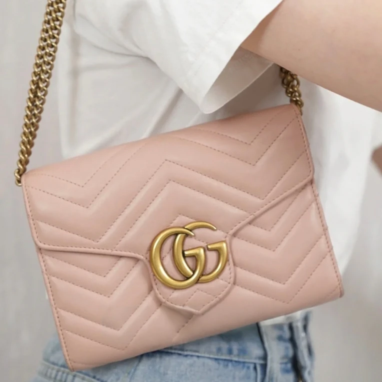 95新 GUCCI/古驰 粉金woc链条包斜挎包/ss3310