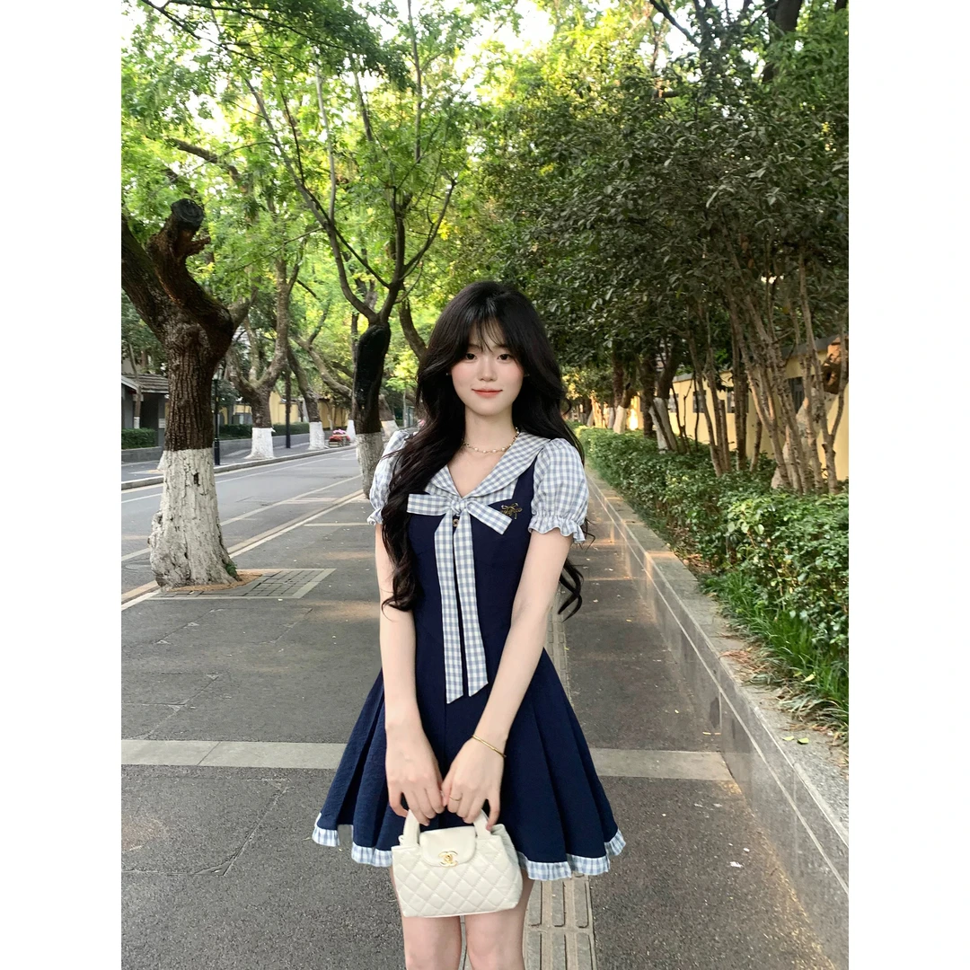 2025夏季新款上新显瘦苍蓝篇章学院风甜美假两件格纹多巴胺服装女