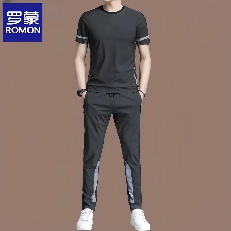 Romon/罗蒙夏季休闲套装男冰丝薄款短袖T恤长裤男装运动夏季两件