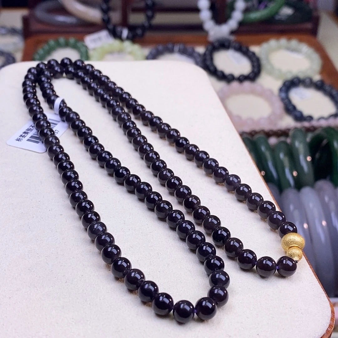 颈饰未镶嵌和田玉烟紫老矿料冰底帝王紫珠链6m