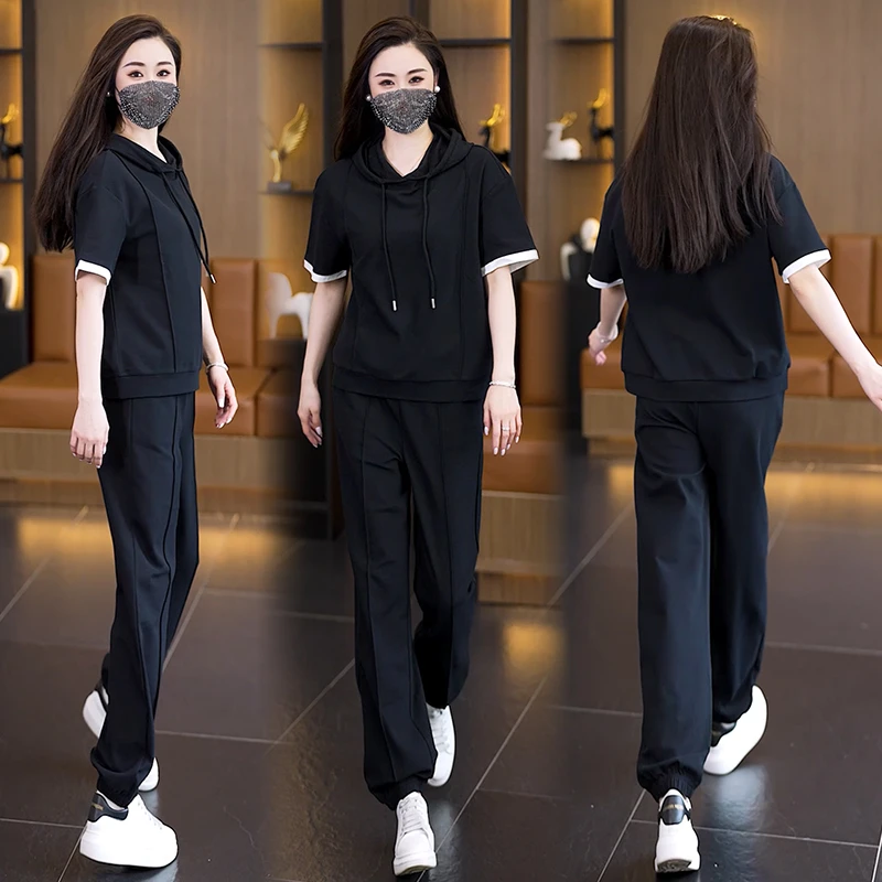 2025夏新款运动休闲套装大码女装连帽时尚宽松显瘦上衣两件套女