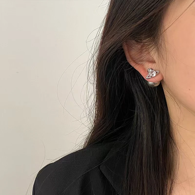 识恩 铜合金仿珍珠耳饰 锆石土星珠珠双面耳钉一款两戴高级感耳钉