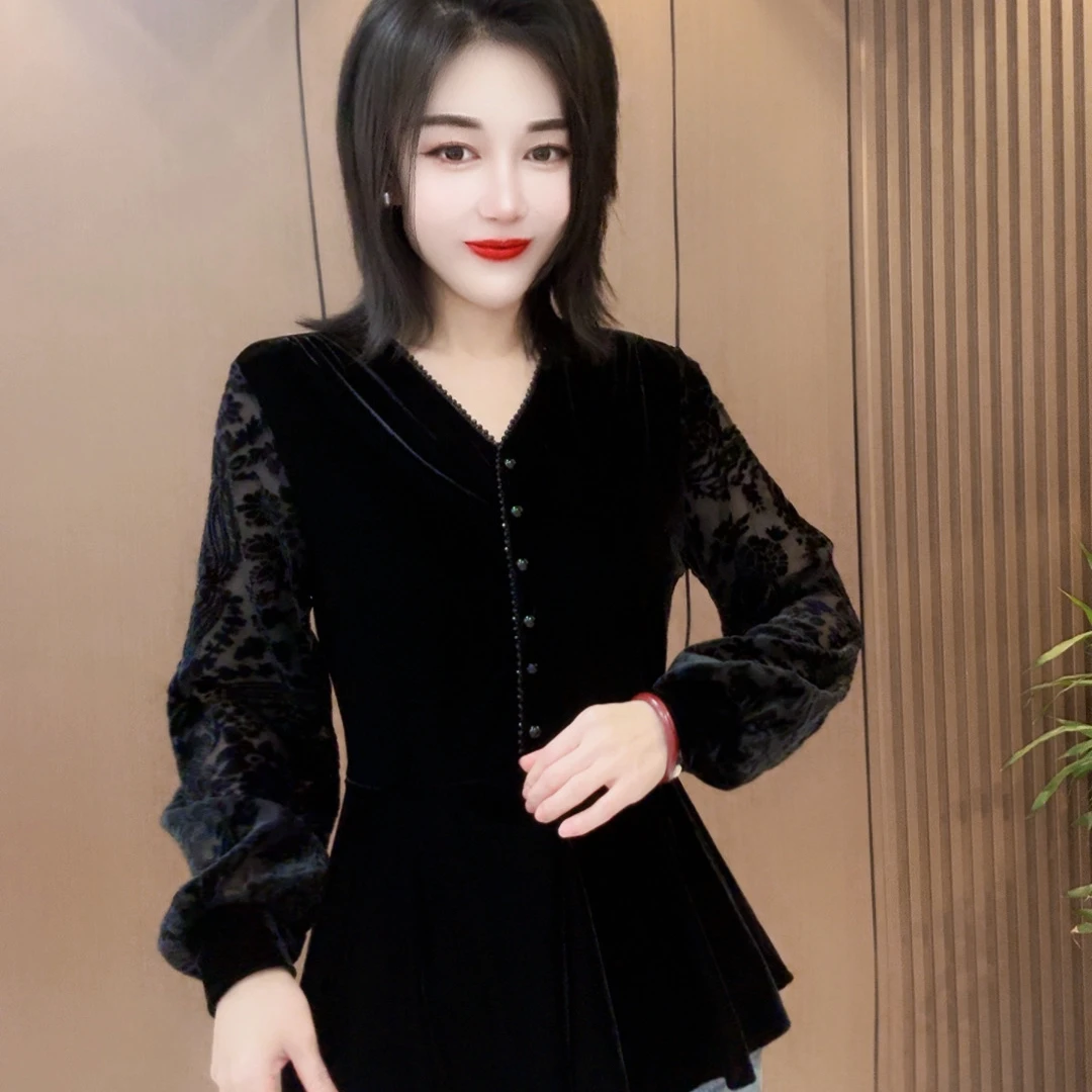 时尚烧花袖小扣下摆丝绒衫G7755