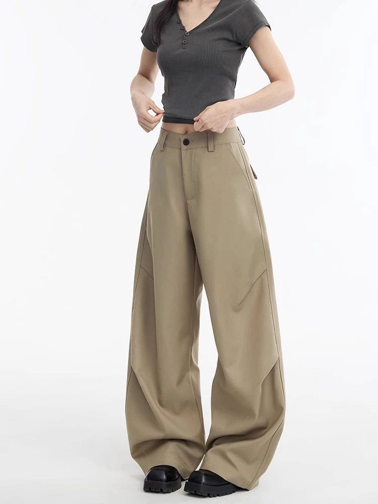 美式卡其色工装口袋阔腿裤秋冬加绒加厚西装裤女宽松弯刀休闲裤子