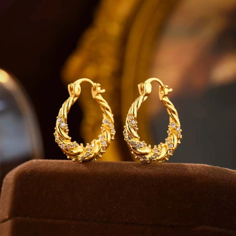 铜合金锆石耳饰 高级设计感满钻耳圈经典法式时尚气质百搭耳环