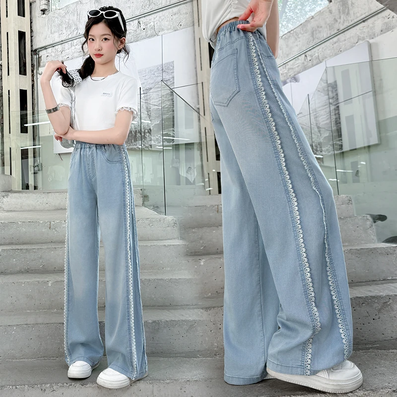 女童牛仔裤夏装新款洋气儿童裤子薄款天丝防蚊裤中大童直筒阔腿裤