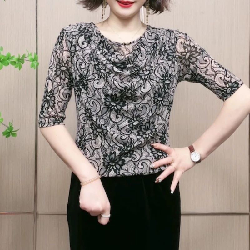 时髦高品质春夏中袖堆堆领弹性网纱时尚百搭气质减龄显瘦上衣女