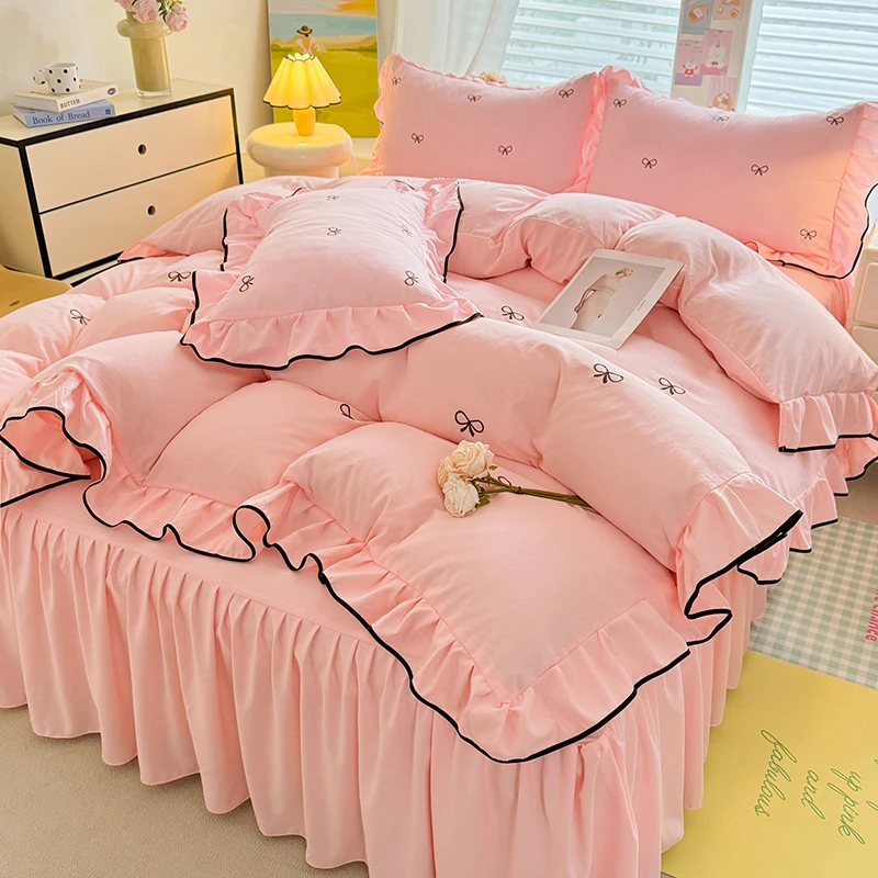 2025春夏新款刺绣绣花床裙款韩式韩版花边公主风床上用品四件套苏