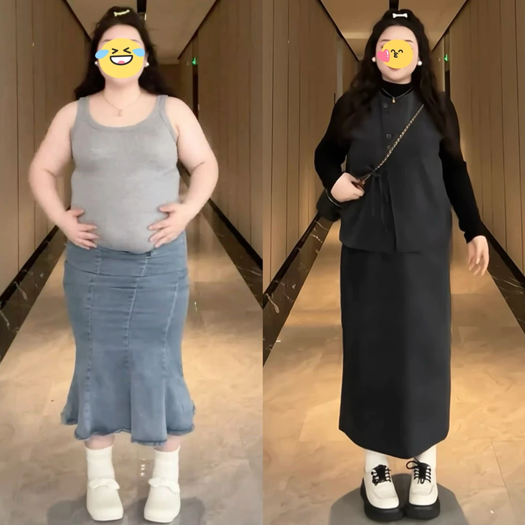 大码女装胖MM复古风长袖打底衫＋马甲＋半身裙2025秋季显瘦套装