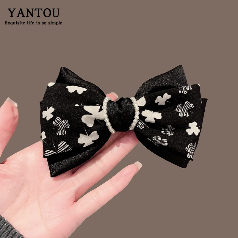 韩国缎面蝴蝶印花结高级感发夹女级感小众ins气质优雅后脑勺顶夹