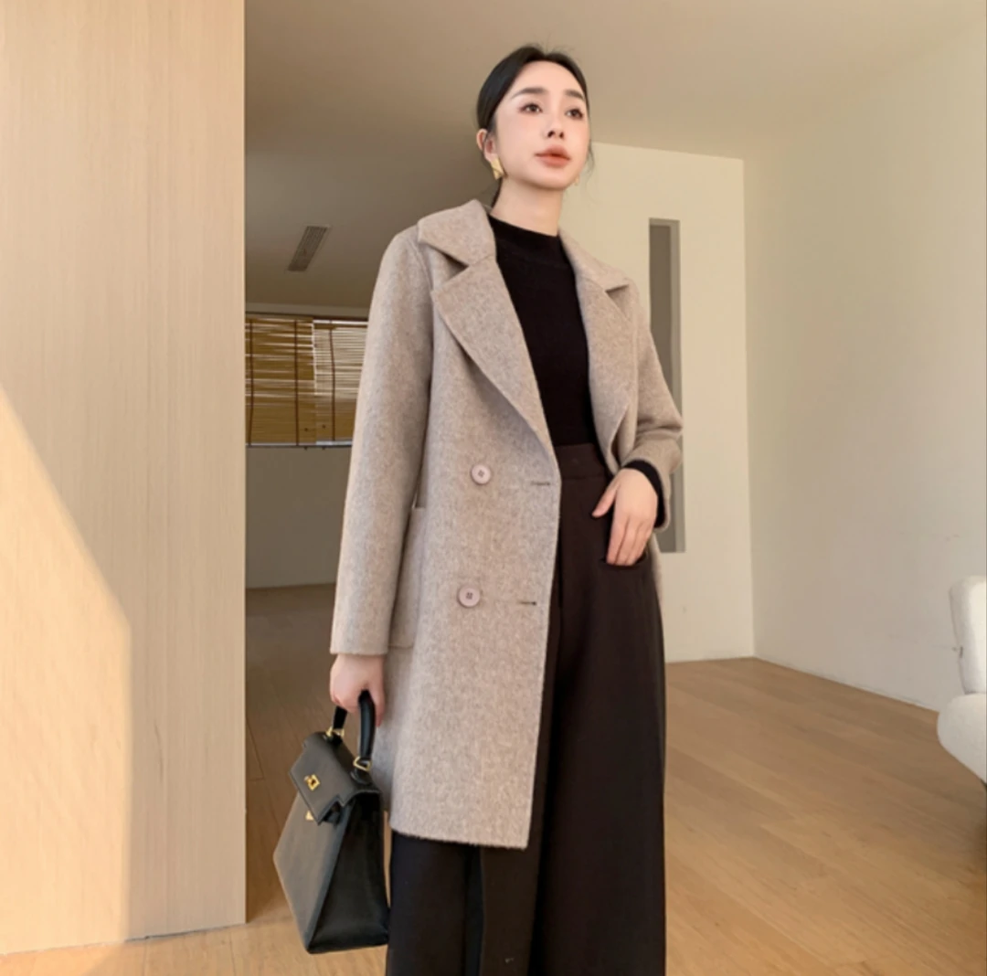 25款春秋冬纯羊毛大衣中长款西装领宽松毛呢女外套时尚百搭修身