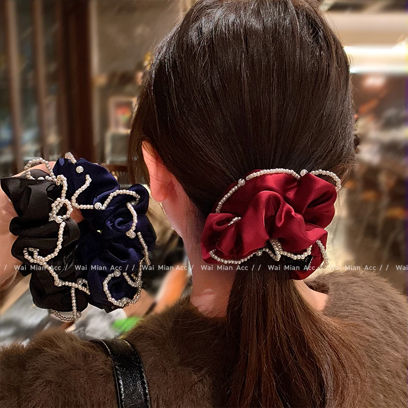 安哥拉红色大肠发圈头绳女气质小米珠盘丸子头皮筋新款马尾头饰